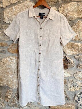 Women's Tahari Short Sleeve Linen Shirt Dress light tan sz M